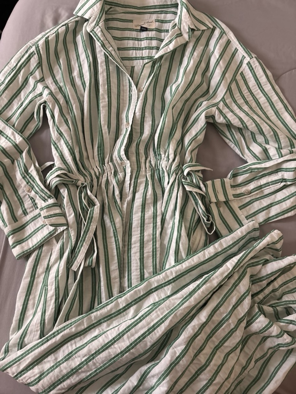 Universal Thread Green and White Striped Tie-Waist Shirt Dress
